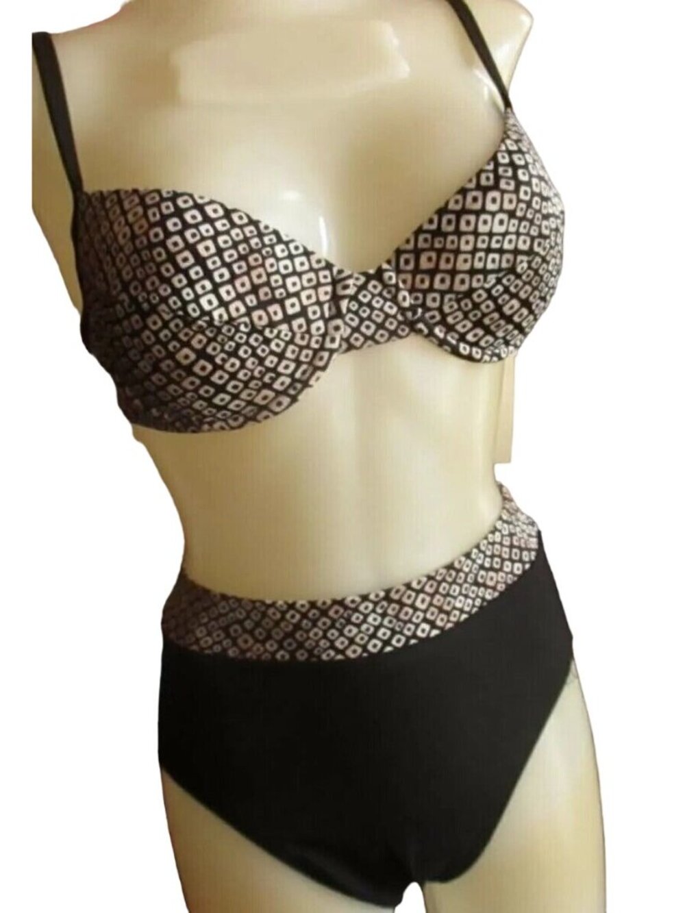 True Vintage 7/8 Bikini Set Tropical Black White Geometric Padded Underwire 80's